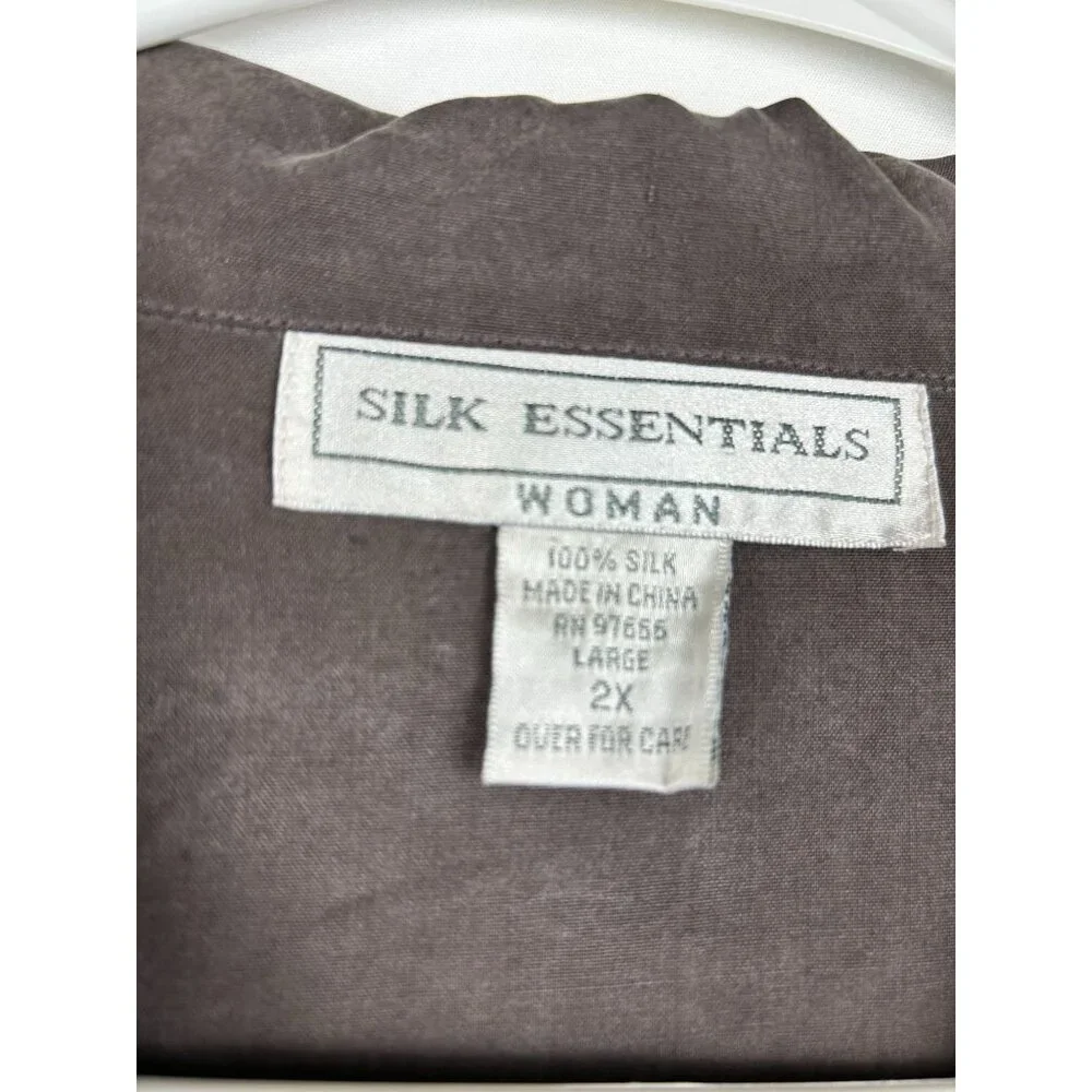 Silk Essentials Womens 2X Gray 100% Silk Button-Up Shirt With Pocket & Long Slee - Picture 10 of 11